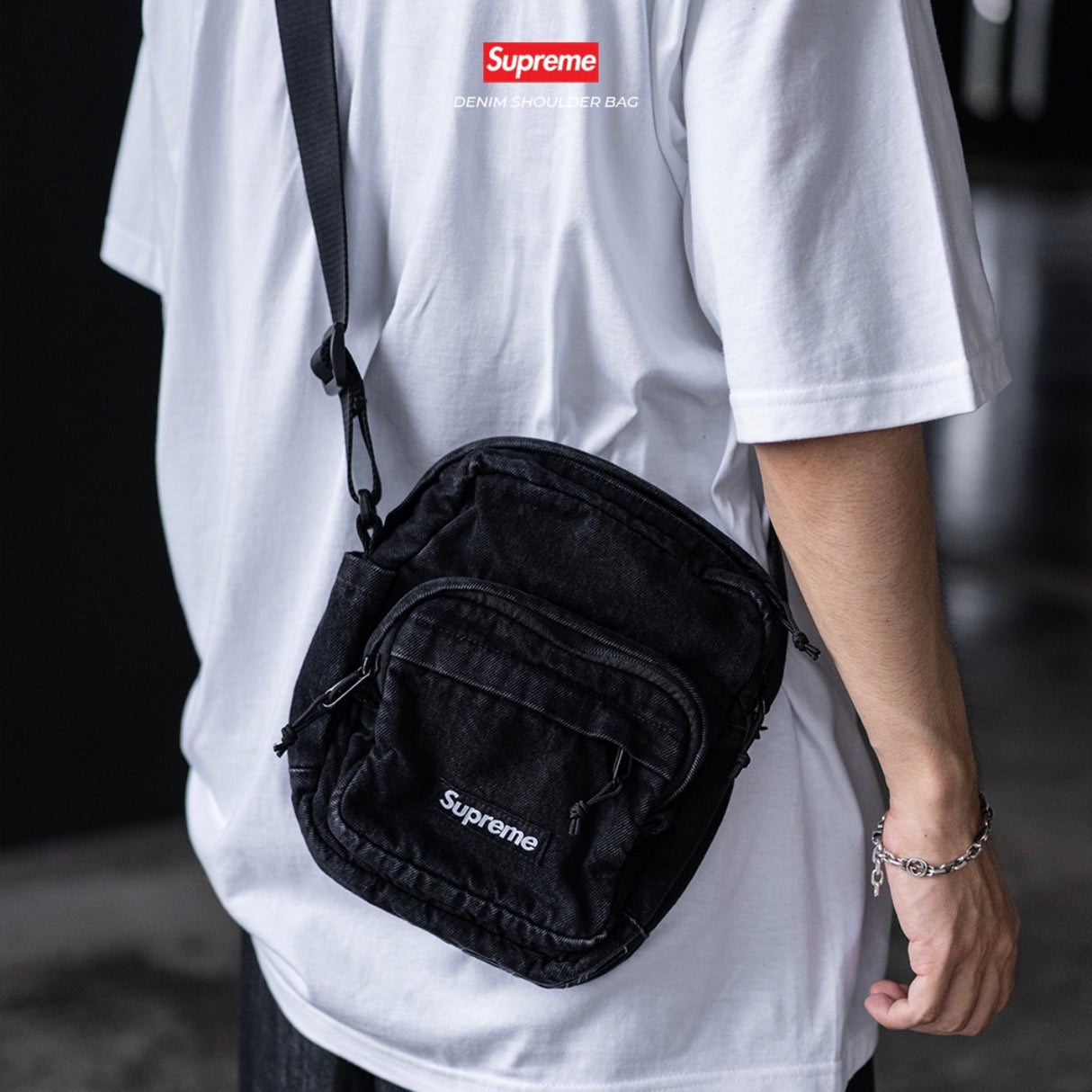 Supreme Box Logo Denim Shoulder Bag Black1