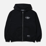 Black Neighborhood Staple Zip Hoodie, casual streetwear with a front zipper and logo details, shown on a model.