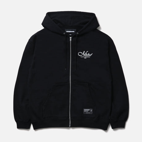 Black Neighborhood Staple Zip Hoodie, casual streetwear with a front zipper and logo details, shown on a model.