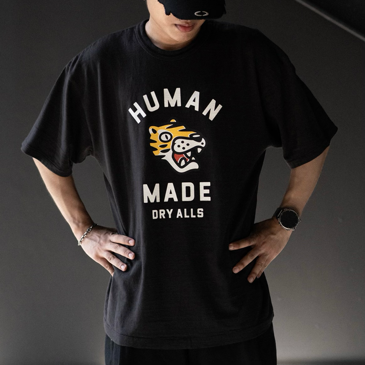 Black Human Made Tiger Tee featuring a graphic tiger print on the front, casual t-shirt for streetwear style.