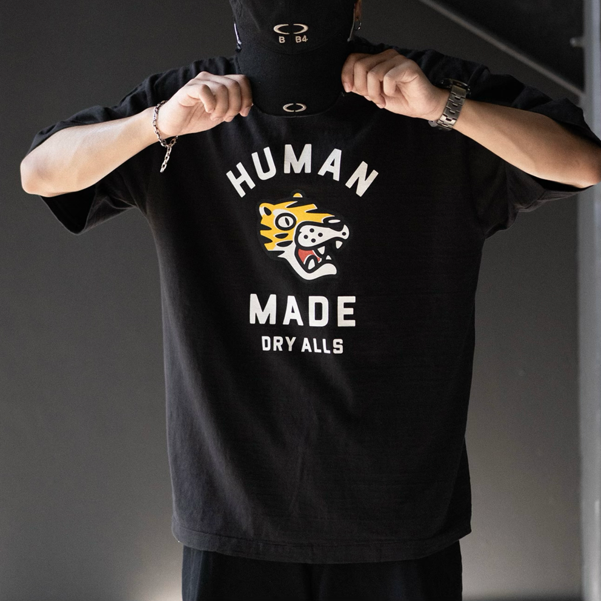 Black Human Made Tiger Tee shirt with graphic print, casual apparel featuring bold tiger design and classic fit.