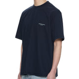 Dark navy Wooyoungmi tuft embroidered back logo T-shirt, casual apparel with detailed embroidery and classic fit.