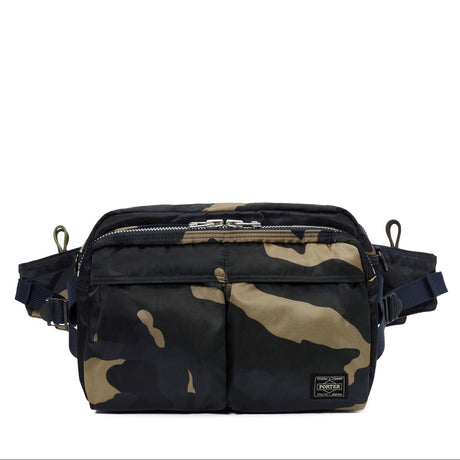 Porter Yoshida Japan Counter Shade Large Waist Bag in camouflage with adjustable strap and multiple compartments, casual travel accessory.