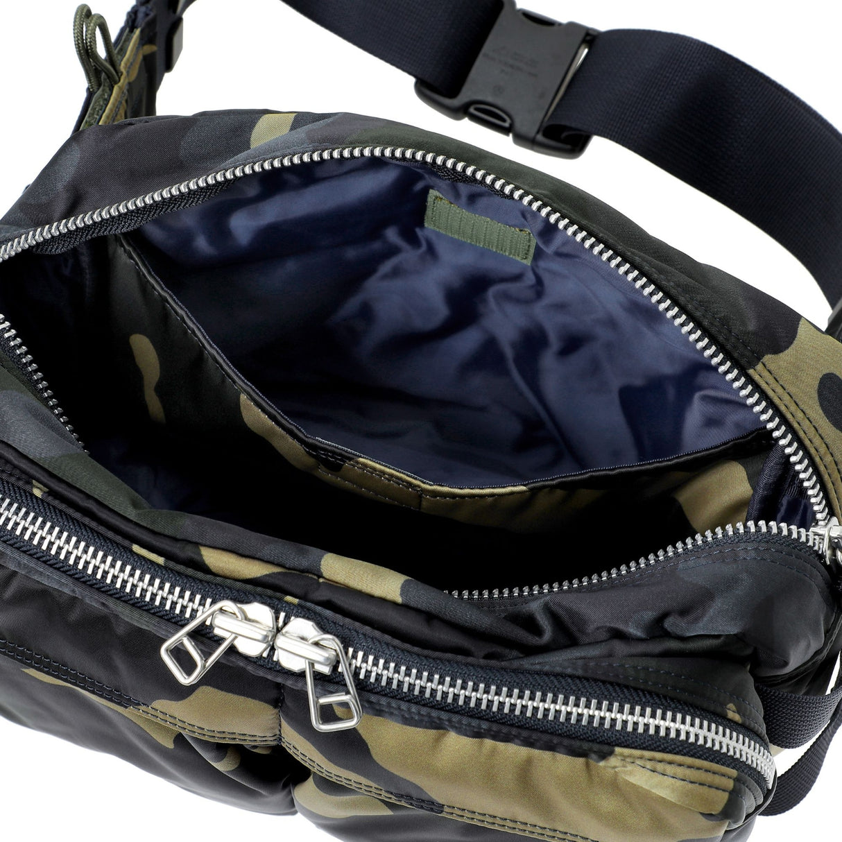 Porter Yoshida Japan Counter Shade large waist bag in camouflage with multiple compartments, durable nylon material, and adjustable strap.