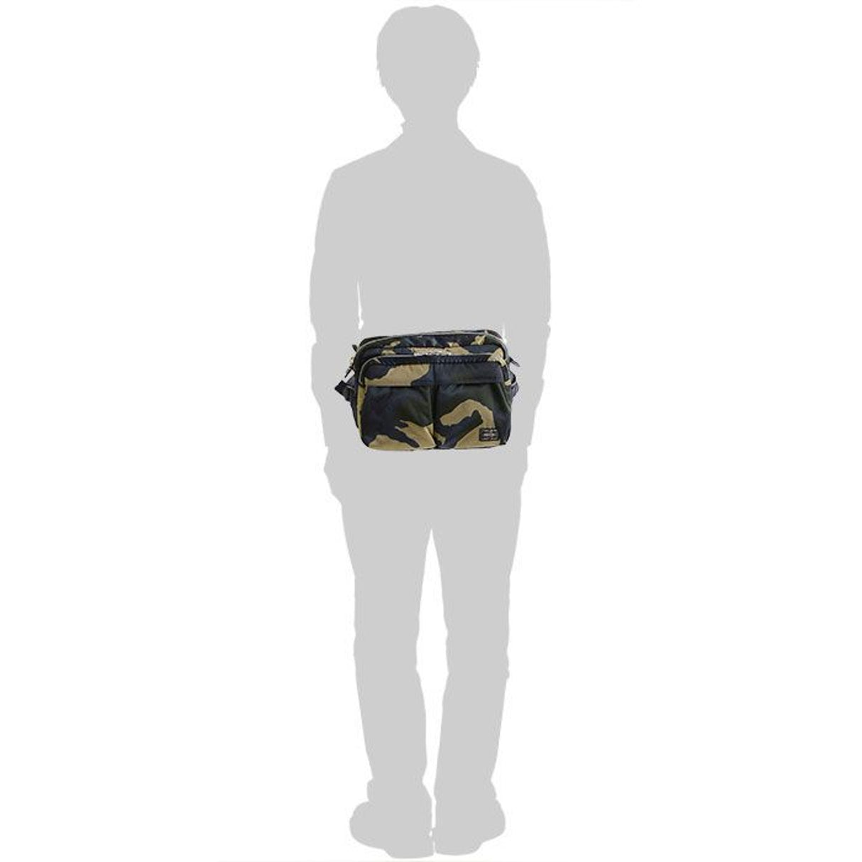 Porter Yoshida Japan Counter Shade large waist bag in camouflage with multiple pockets and adjustable strap.