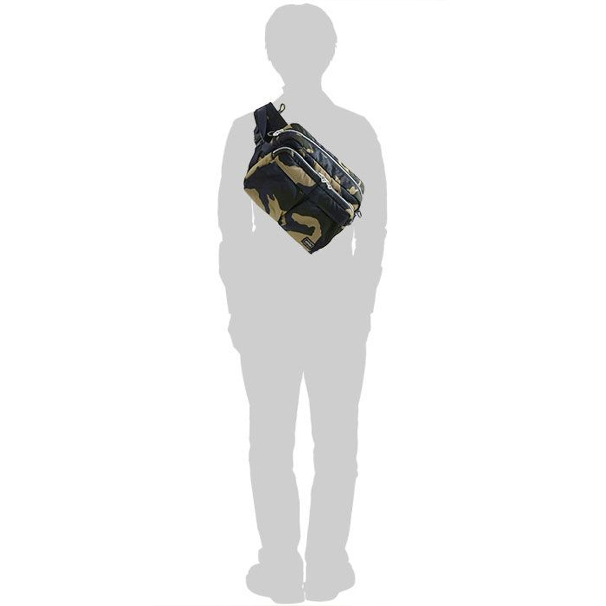 Porter Yoshida Japan Counter Shade large waist bag in camouflage, featuring multiple compartments and adjustable strap.