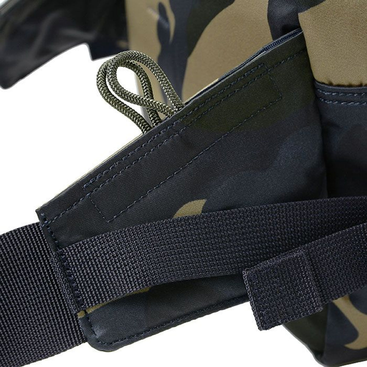 Porter Yoshida Japan Counter Shade large waist bag in camouflage with multiple zip compartments, durable nylon material, and adjustable strap.