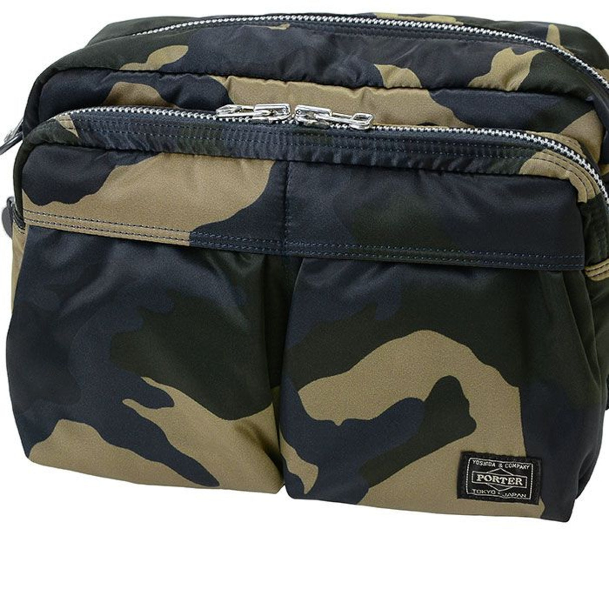 Porter Yoshida Japan Counter Shade large waist bag in camouflage with multiple zip compartments and adjustable strap.