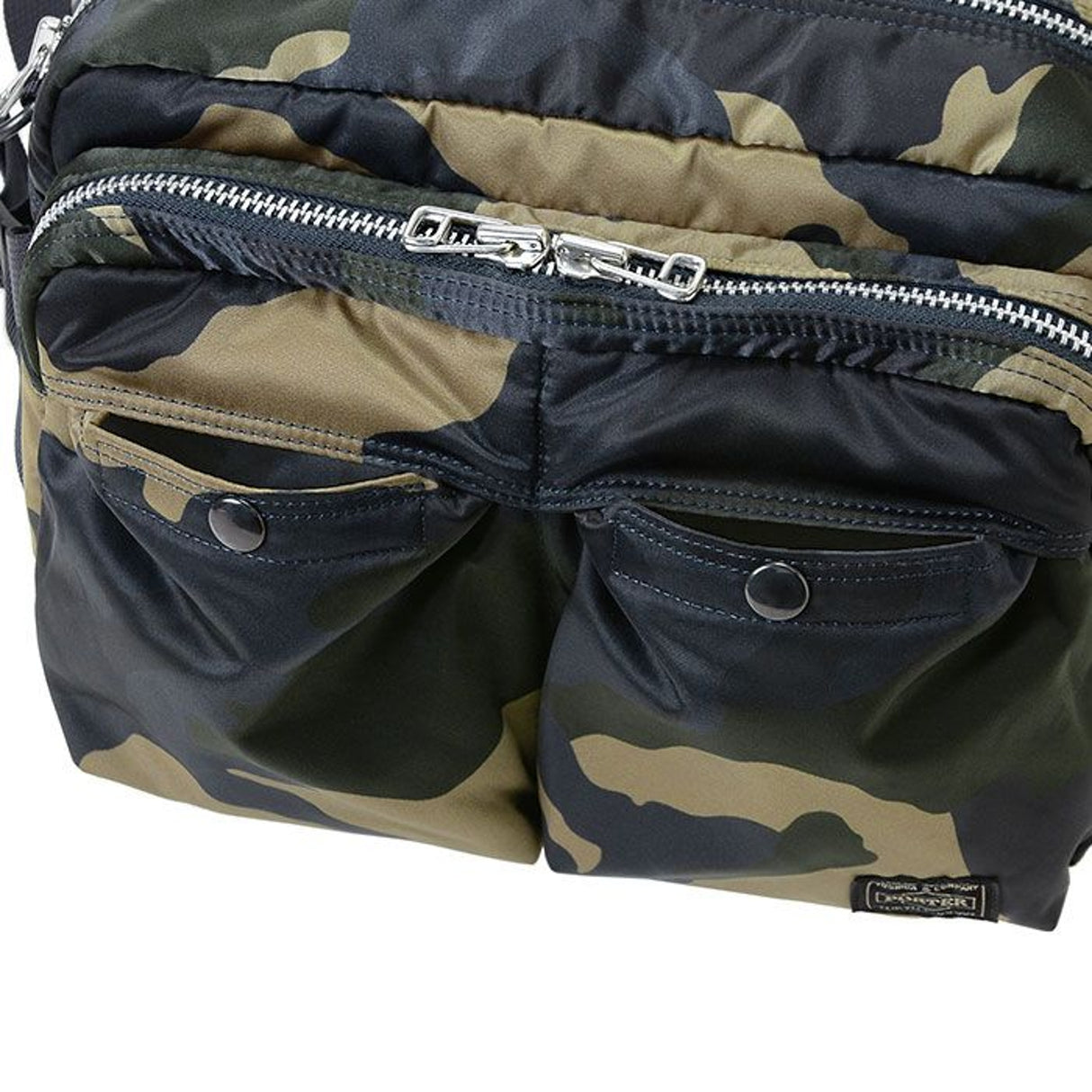 Porter Yoshida Japan large waist bag with camouflage design, featuring a durable strap and multiple compartments for storage.