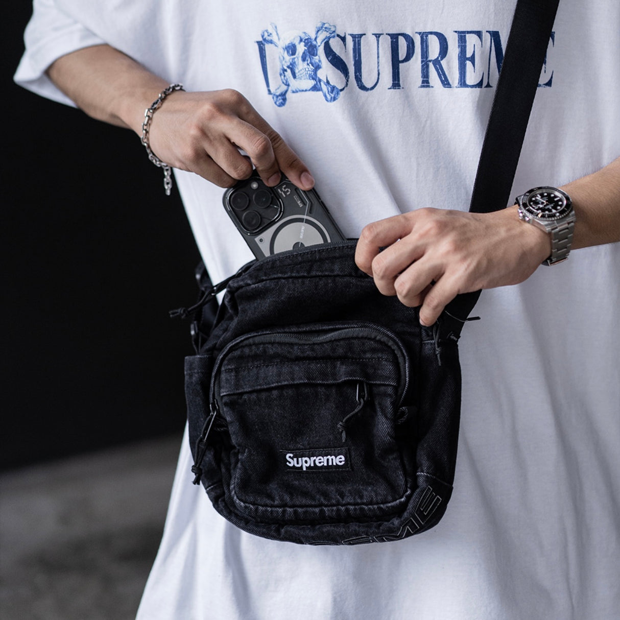 Supreme Box Logo Denim Shoulder Bag Black