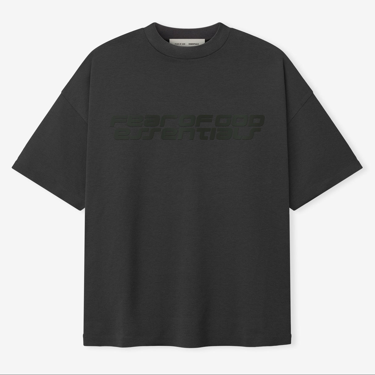 Fear of God Essentials reflective logo ponte 90s tee in iron dark grey, short sleeve casual apparel for everyday wear