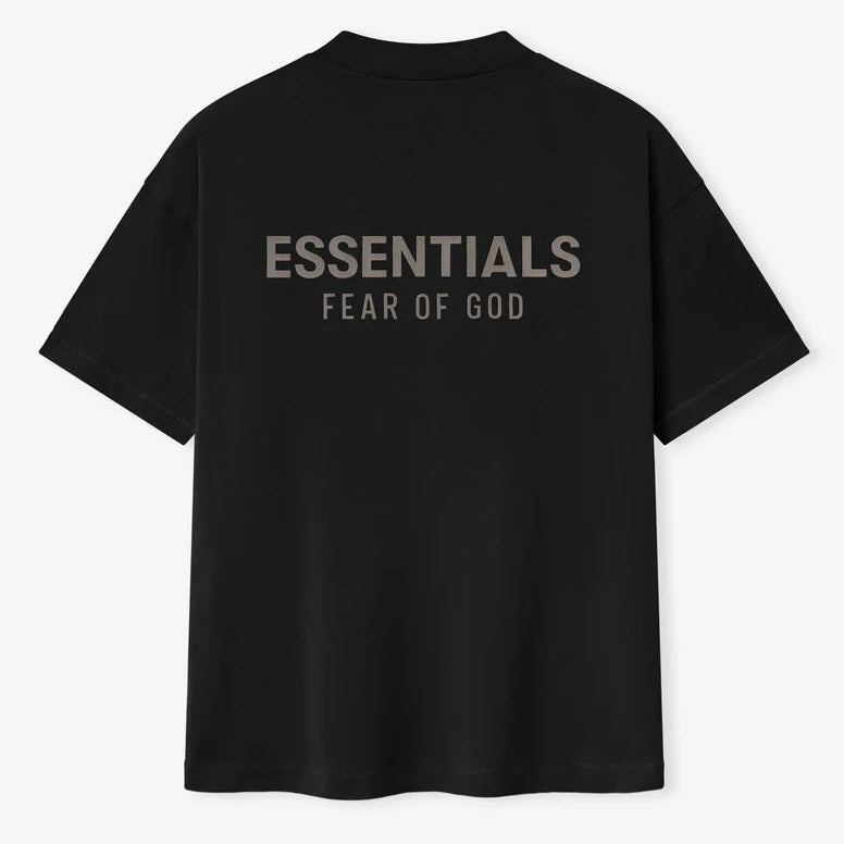 Fear of God Essentials metallic logo classic black T-shirt, short sleeve crew neck, front metallic branding, jet black color.
