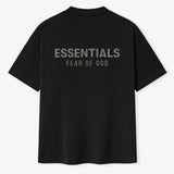 Fear of God Essentials metallic logo classic black T-shirt, short sleeve crew neck, front metallic branding, jet black color.