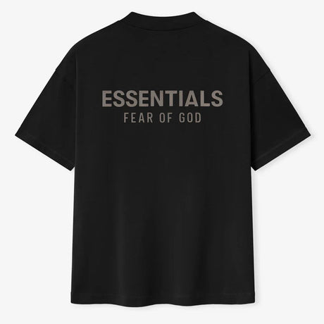 Fear of God Essentials metallic logo classic black T-shirt, short sleeve crew neck, front metallic branding, jet black color.
