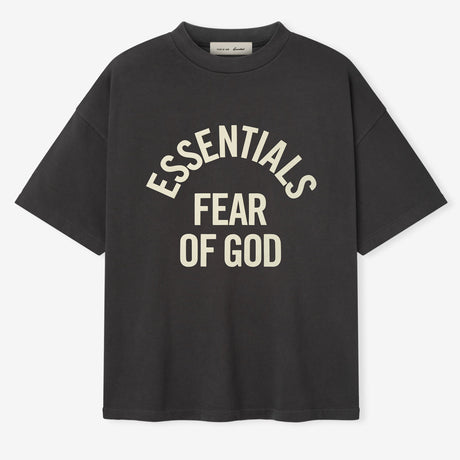 Fear of God Essentials Campus 90s heavyweight short sleeve tee in faded black, casual apparel with a relaxed fit and bold branding.