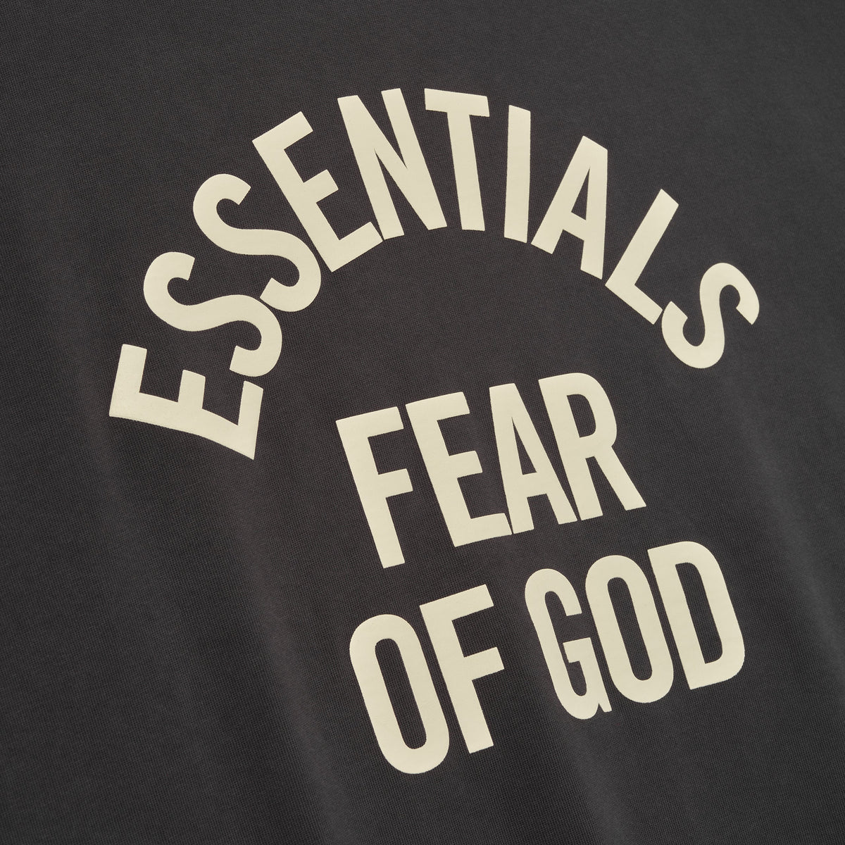 Fear of God Essentials Campus 90s heavyweight short sleeve tee in faded black, casual apparel with a relaxed fit and bold branding.