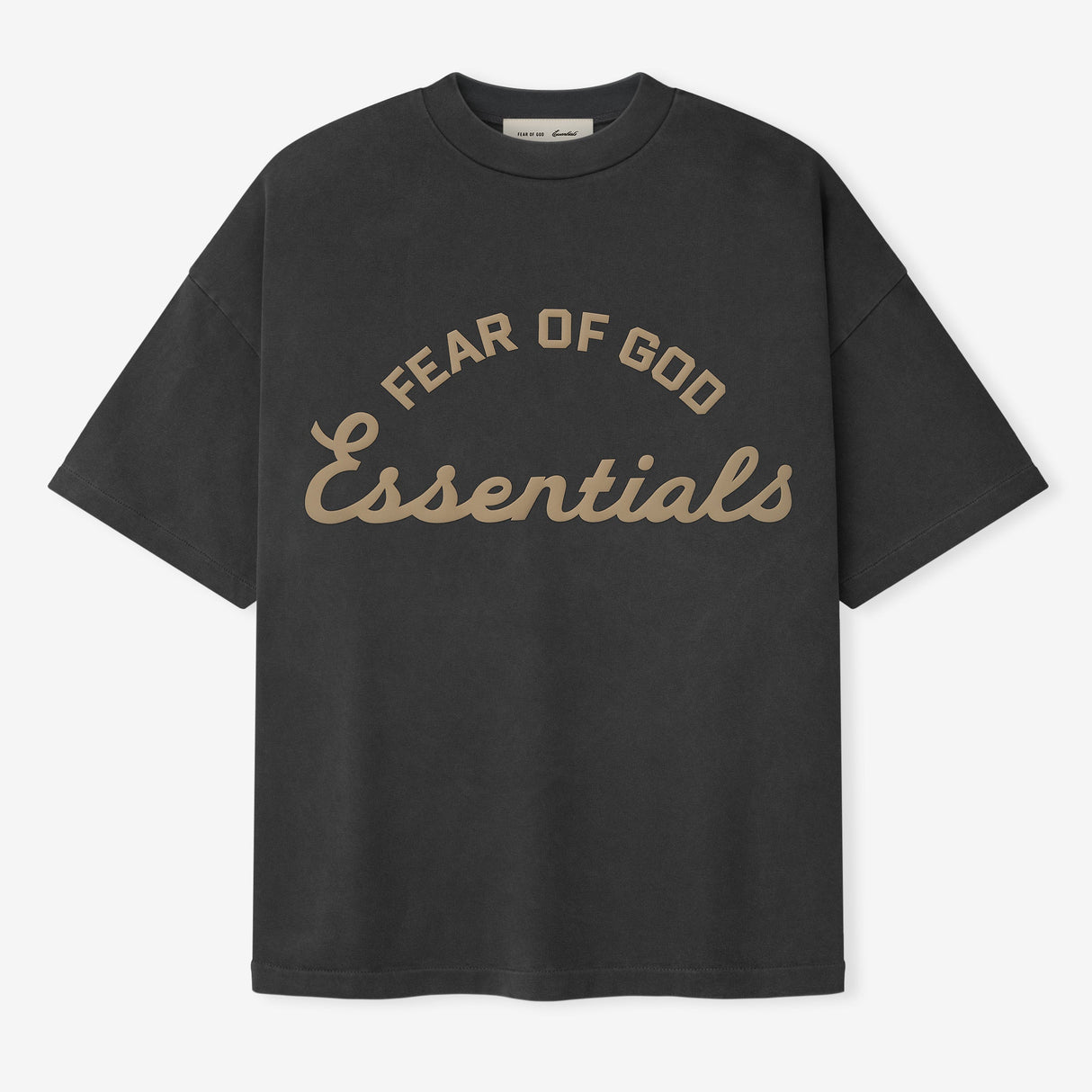 Fear of God Essentials Training 90s Heavyweight Tee in faded iron grey, short sleeve casual t-shirt with logo detail.
