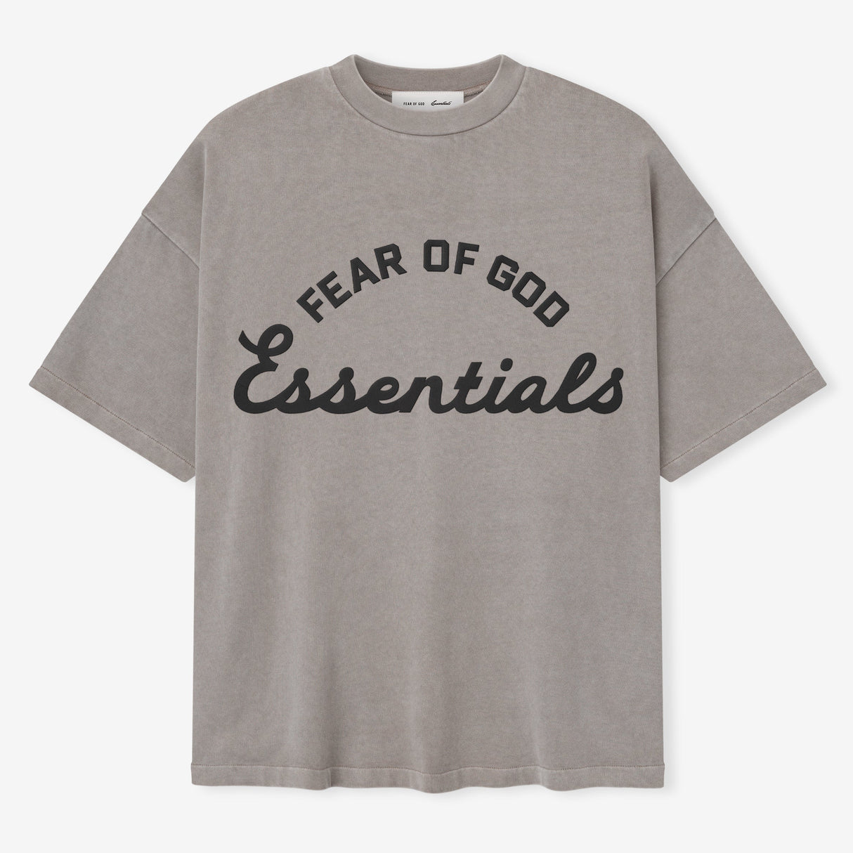 Fear of God Essentials Training 90s Heavyweight Tee in faded dune color, short sleeve cotton t-shirt with logo print.