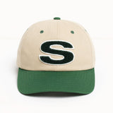 Stussy Chenille S Cap in sand color, casual headwear with embroidered logo, made of soft chenille fabric.