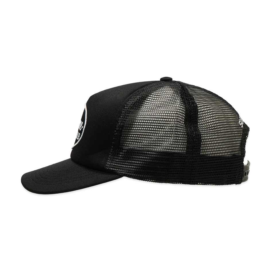 Black Supreme mesh trucker cap, stylish headwear with adjustable snapback and mesh panels, by the popular Supreme brand.