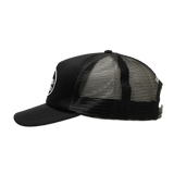 Black Supreme mesh trucker cap, stylish headwear with adjustable snapback and mesh panels, by the popular Supreme brand.