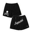 Black Mastermind Japan X New Era script logo shorts, casual apparel with the iconic branding and comfortable fit, shown on a flat surface.