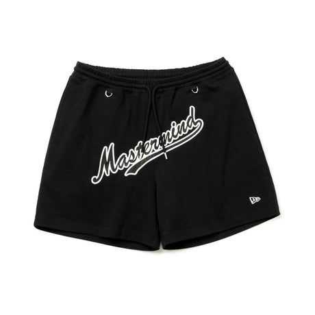 Black Mastermind Japan X New Era Script Logo Shorts for men, featuring the brand’s logo on the stylish casual apparel.
