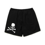 Black Mastermind Japan X New Era script logo shorts featuring bold branding and casual design, perfect for streetwear style.