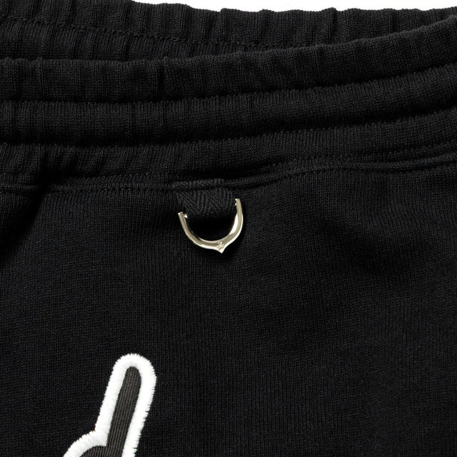 Black Mastermind Japan X New Era Script Logo shorts featuring the brand's logo on the front, casual apparel for streetwear style.