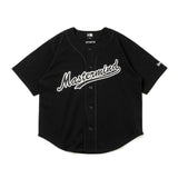 Black heavyweight baseball shirt by Mastermind Japan X New Era, featuring bold design details and classic sportswear style.
