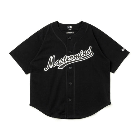 Black heavyweight baseball shirt by Mastermind Japan X New Era, featuring bold design details and classic sportswear style.