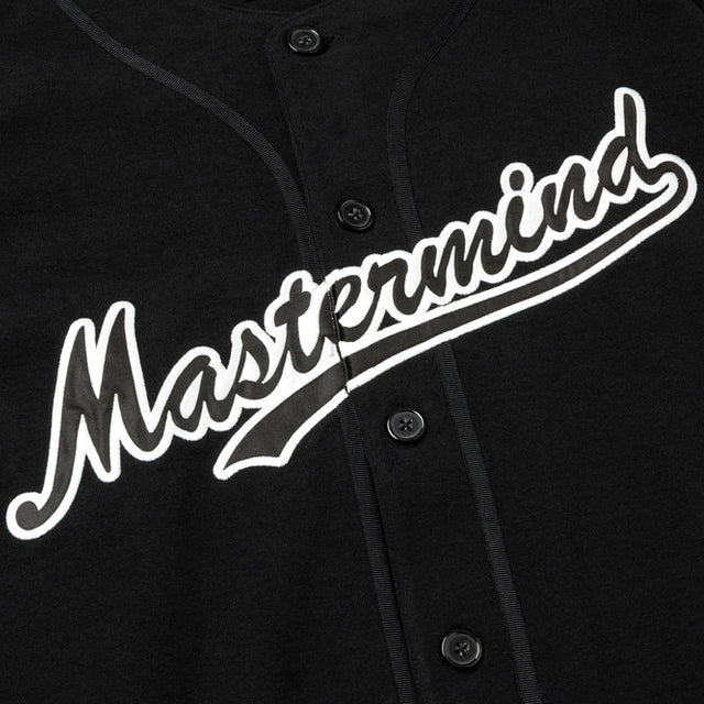Black Mastermind Japan x New Era heavyweight baseball shirt, casual apparel with logo details and classic baseball style.