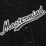 Black Mastermind Japan x New Era heavyweight baseball shirt, casual apparel with logo details and classic baseball style.