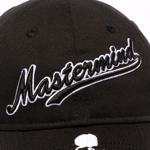 Mastermind Japan x New Era 9TWENTY black cap with embroidered logo, adjustable strap, casual streetwear style, front view