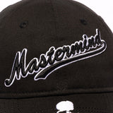 Mastermind Japan x New Era 9TWENTY black cap with embroidered logo, adjustable strap, casual streetwear style, front view