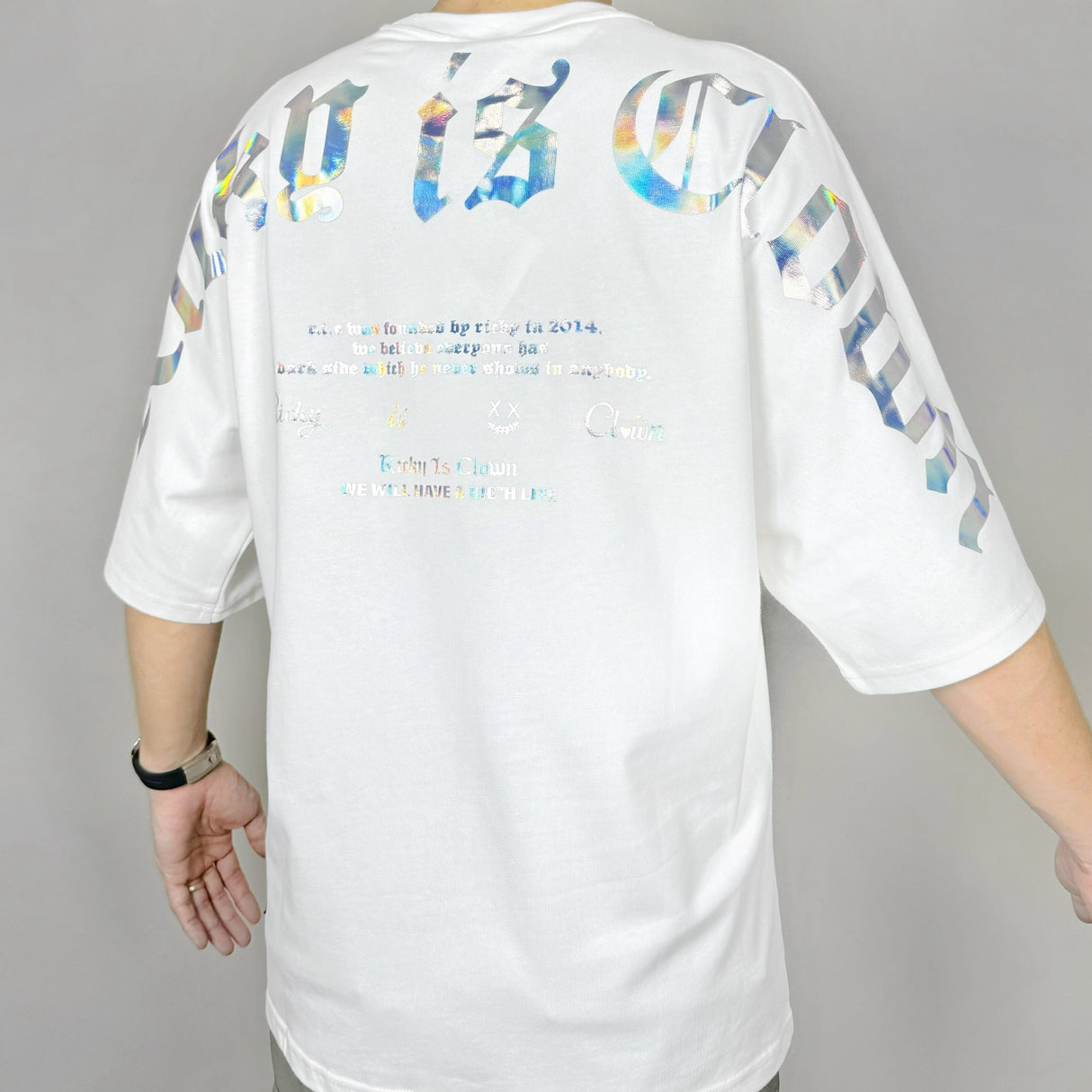 Rickyisclown [RIC] Holographic Gothic Logo Drop Shoulder Oversized Tee White [R9210322a-PPPP] RICKYISCLOWN RICKYISCLOWN - originalfook singapore