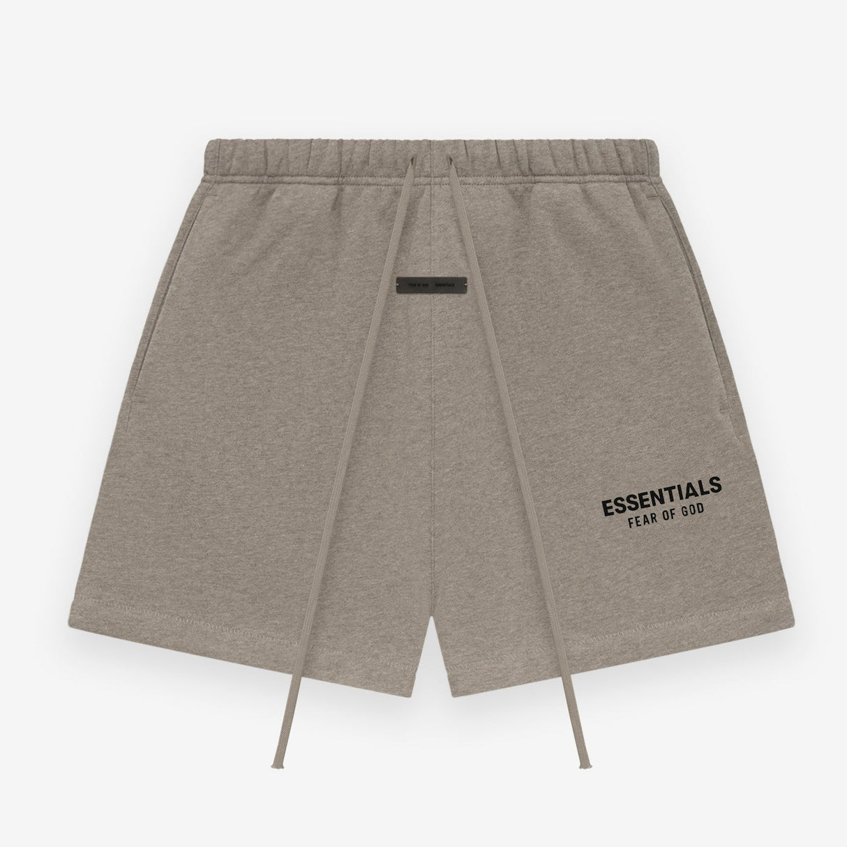 Fear of God Essentials Classic Logo Sweat Shorts in Homestead Heather, featuring a relaxed fit and fleece fabric.