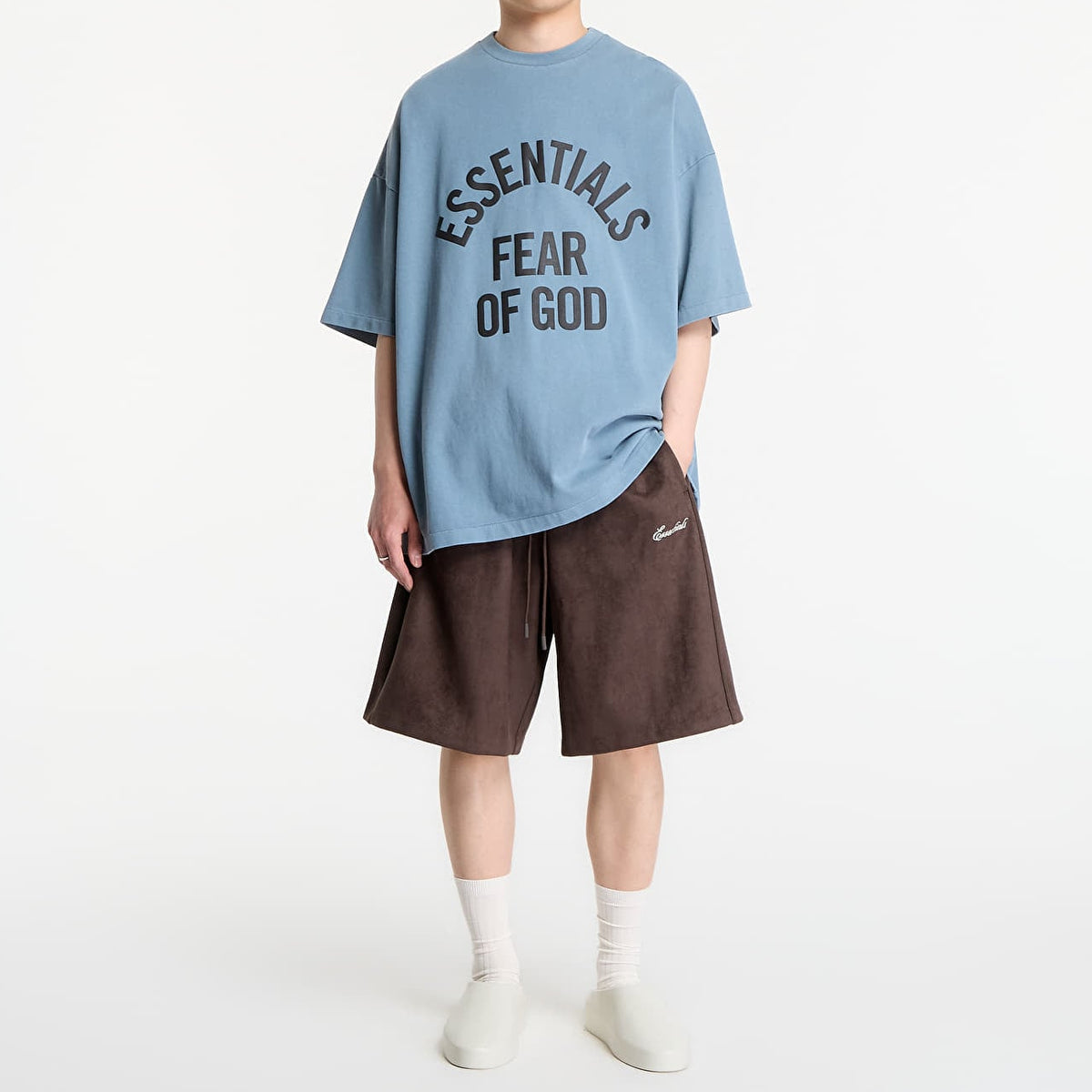 Fear of God Essentials Campus 90s heavyweight faded coastal T-shirt, casual apparel with distressed design and relaxed fit.