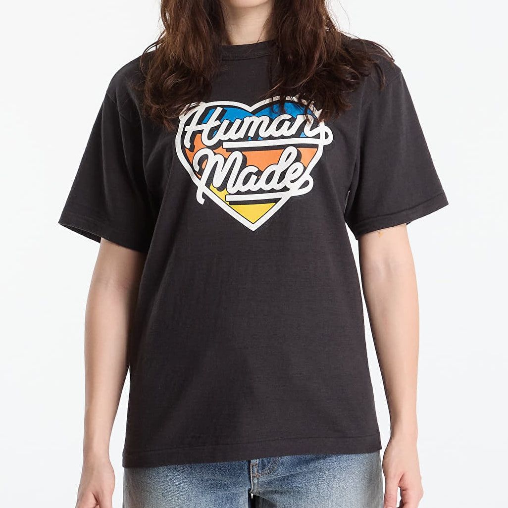Human Made black T-shirt featuring a tri-color heart logo, casual apparel with a modern, stylish design.