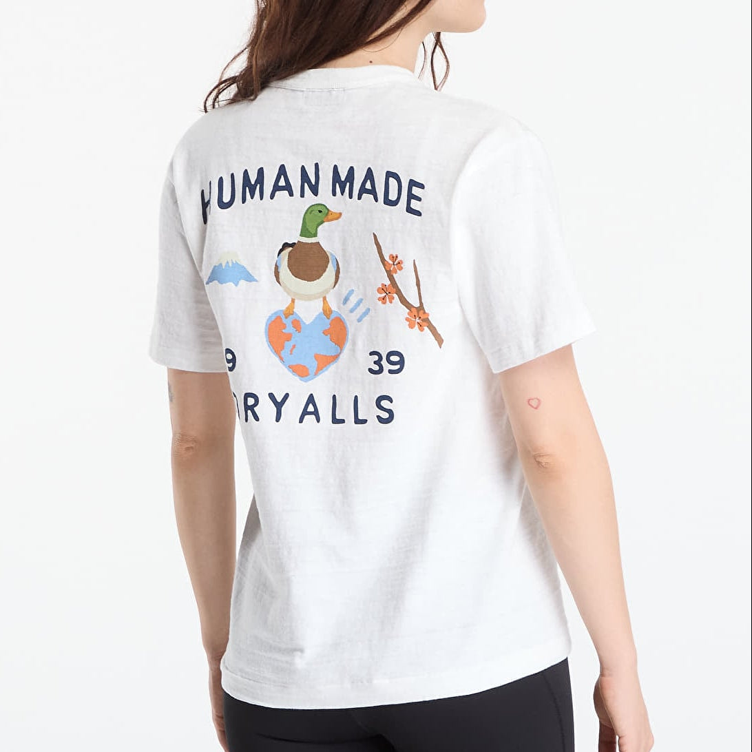 White Human Made Japanese-Style Duck Tee shirt featuring a graphic duck design, casual apparel for streetwear fashion.