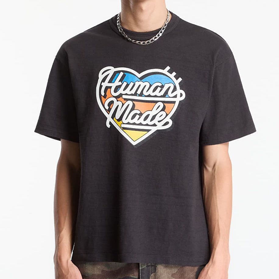 Black Human Made Tri-Color Heart Logo T-shirt featuring a colorful heart graphic on the front, casual and stylish apparel.