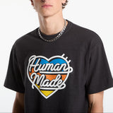 Black Human Made Tri-Color Heart Logo T-shirt featuring a colorful heart graphic on the front, casual and stylish apparel.
