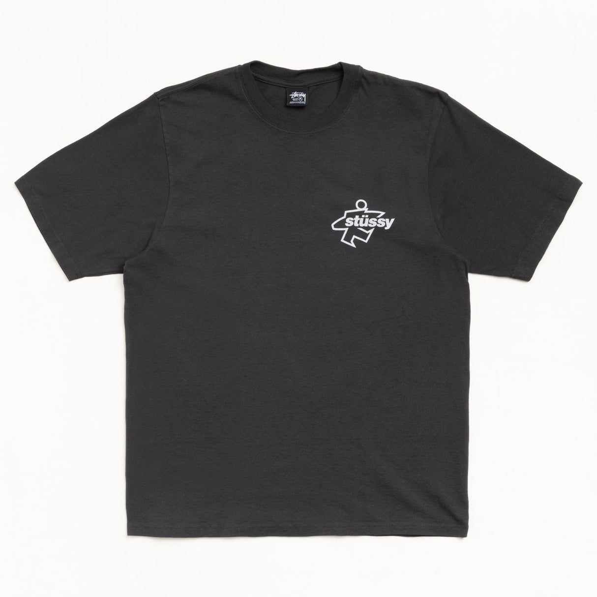 Black Stussy Surf Logo T-shirt featuring the iconic logo on the front, casual apparel for surf and street style.
