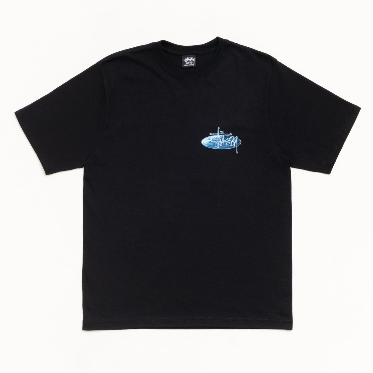 Black Stussy Wave Tee shirt with graphic design, casual streetwear apparel by STUSSY, displayed on a plain background.