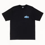 Black Stussy Wave Tee shirt with graphic design, casual streetwear apparel by STUSSY, displayed on a plain background.