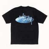 Black Stussy Wave Tee shirt with graphic logo, casual fit, and short sleeves, perfect for streetwear and everyday style.