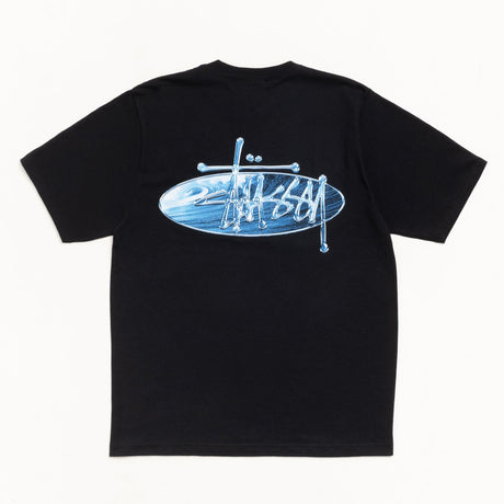 Black Stussy Wave Tee shirt with graphic logo, casual fit, and short sleeves, perfect for streetwear and everyday style.
