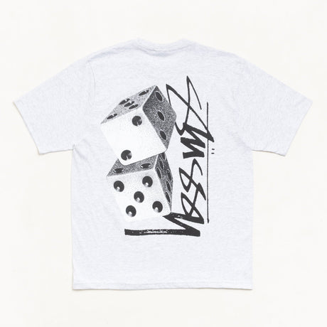 Stussy Tall Dice Tee in Ash Heather, casual apparel with a relaxed fit and graphic dice design on the front.