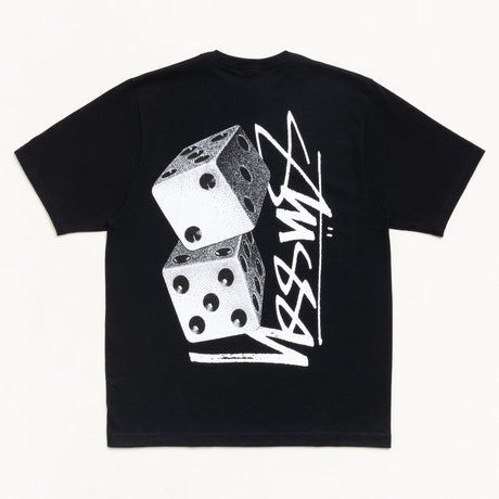 Black Stussy Tall Dice T-shirt, casual apparel with graphic print, featuring the Stussy brand logo on the front.