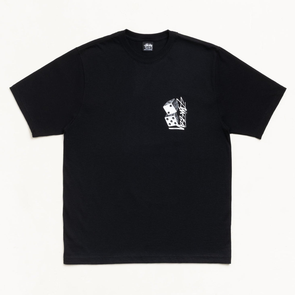 Black Stussy Tall Dice Tee shirt with bold dice graphic on front, casual streetwear apparel from the Stussy brand.